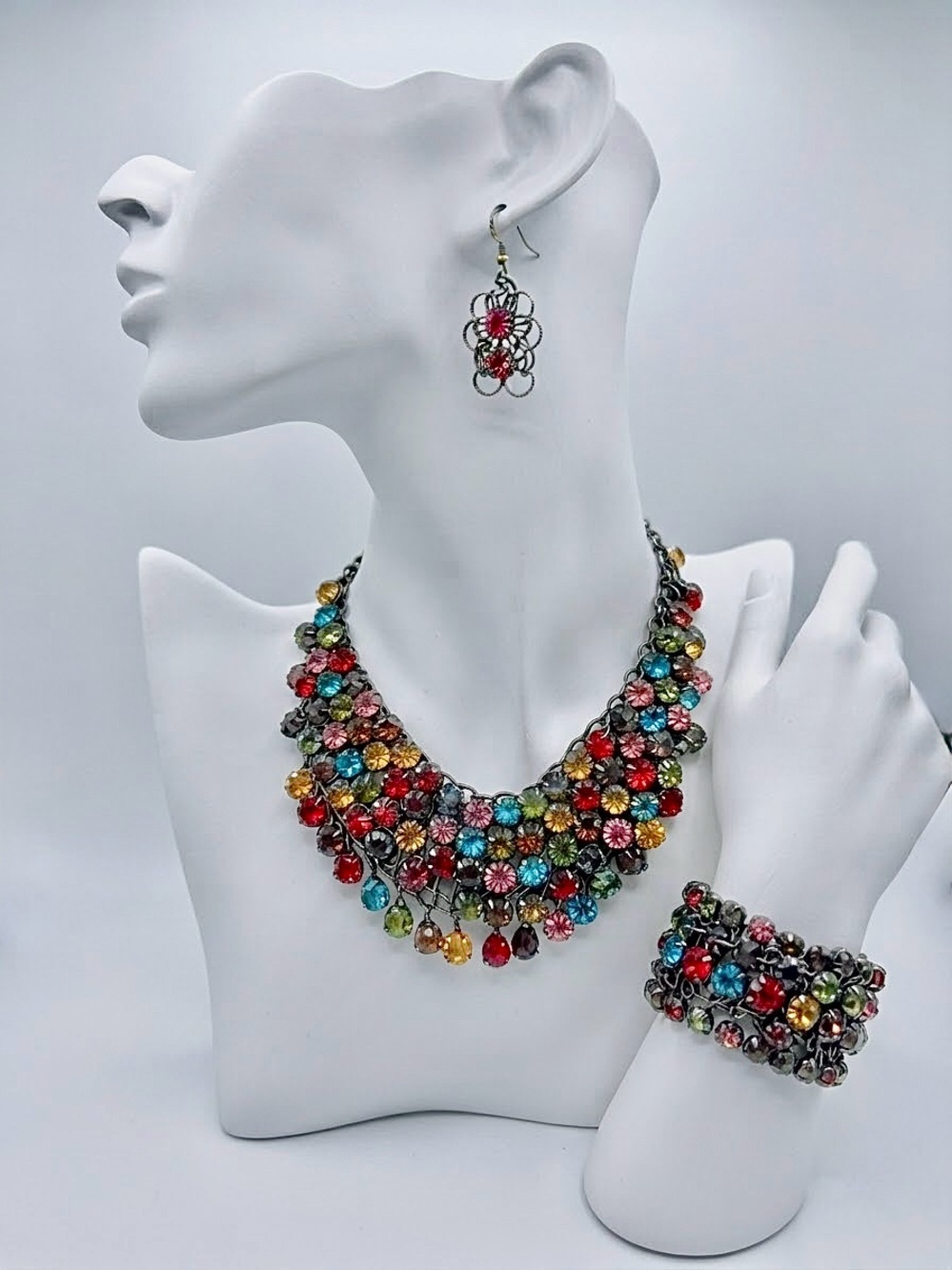 Vintage Vibe Multicolor Rhinestone Bib Necklace Bracelet & Earring Set Gunmetal